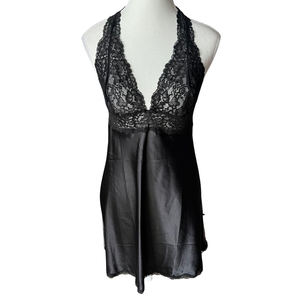 Victoria's Secret Black Satin Lace Halter Chemise Nightgown Women's Small